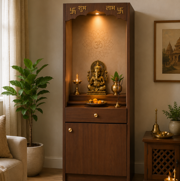Modern Tall Mandir With LED Lighting & Storage